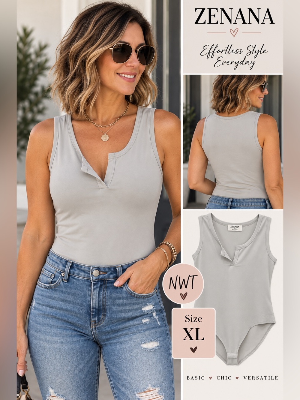 Zenana Outfitters Sleeveless Notch Neck Bodysuit — Light Gray